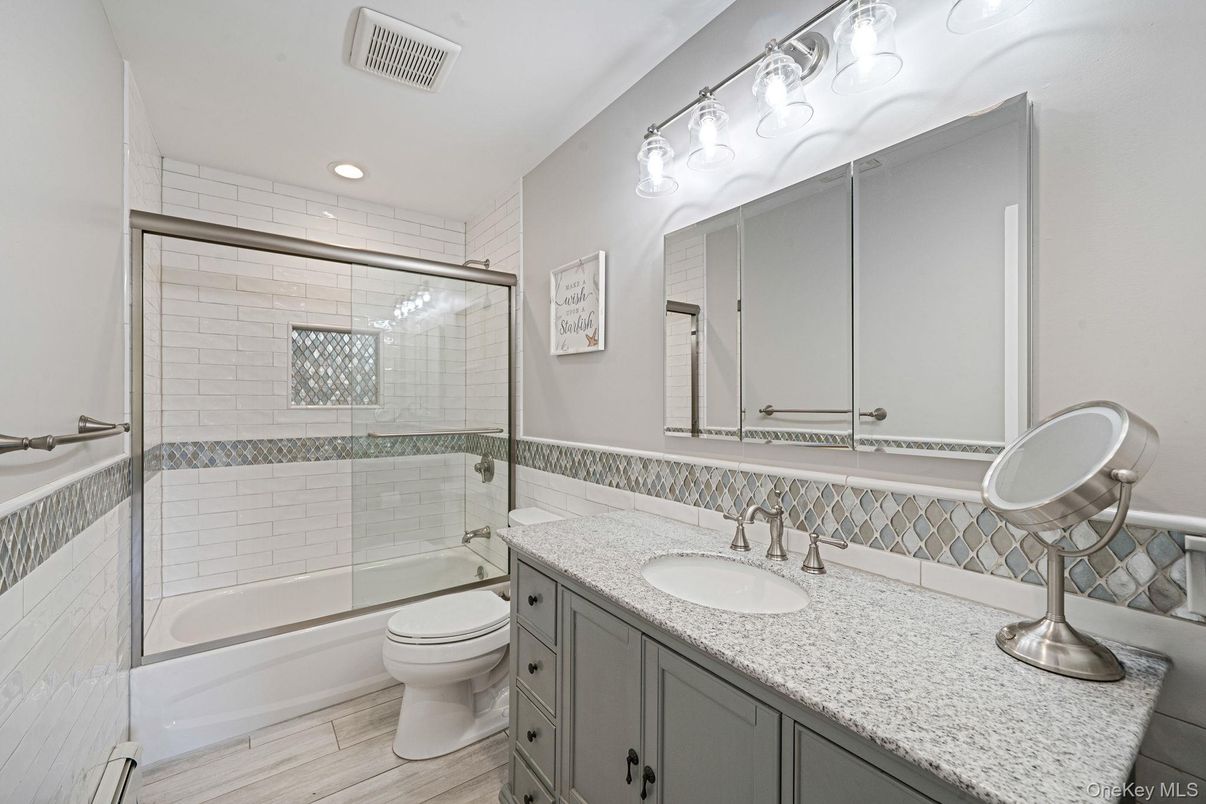 Bathroom, Glass Shower, Interior, Recessed Lighting, Wood Texture Flooring