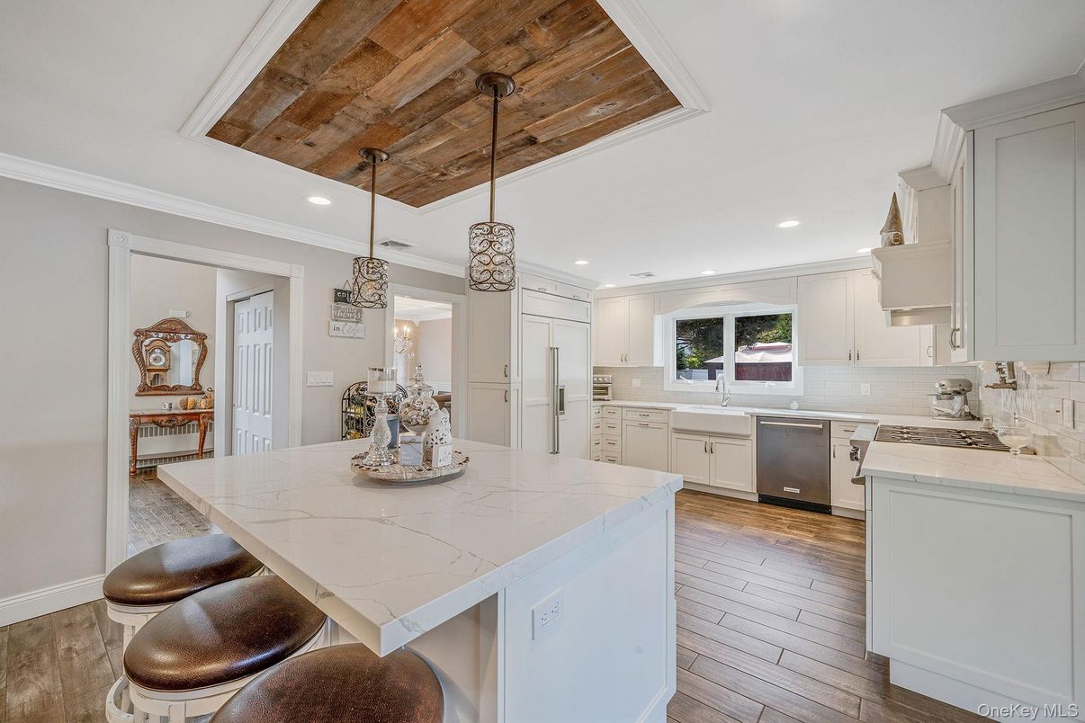 Interior, Kitchen, Pendant Lights, Recessed Lighting, Stainless Steel Appliances, Wooden Ceilings, Wood Texture Flooring