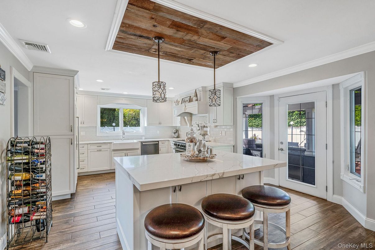 Interior, Kitchen, Pendant Lights, Recessed Lighting, Wooden Ceilings, Wood Texture Flooring