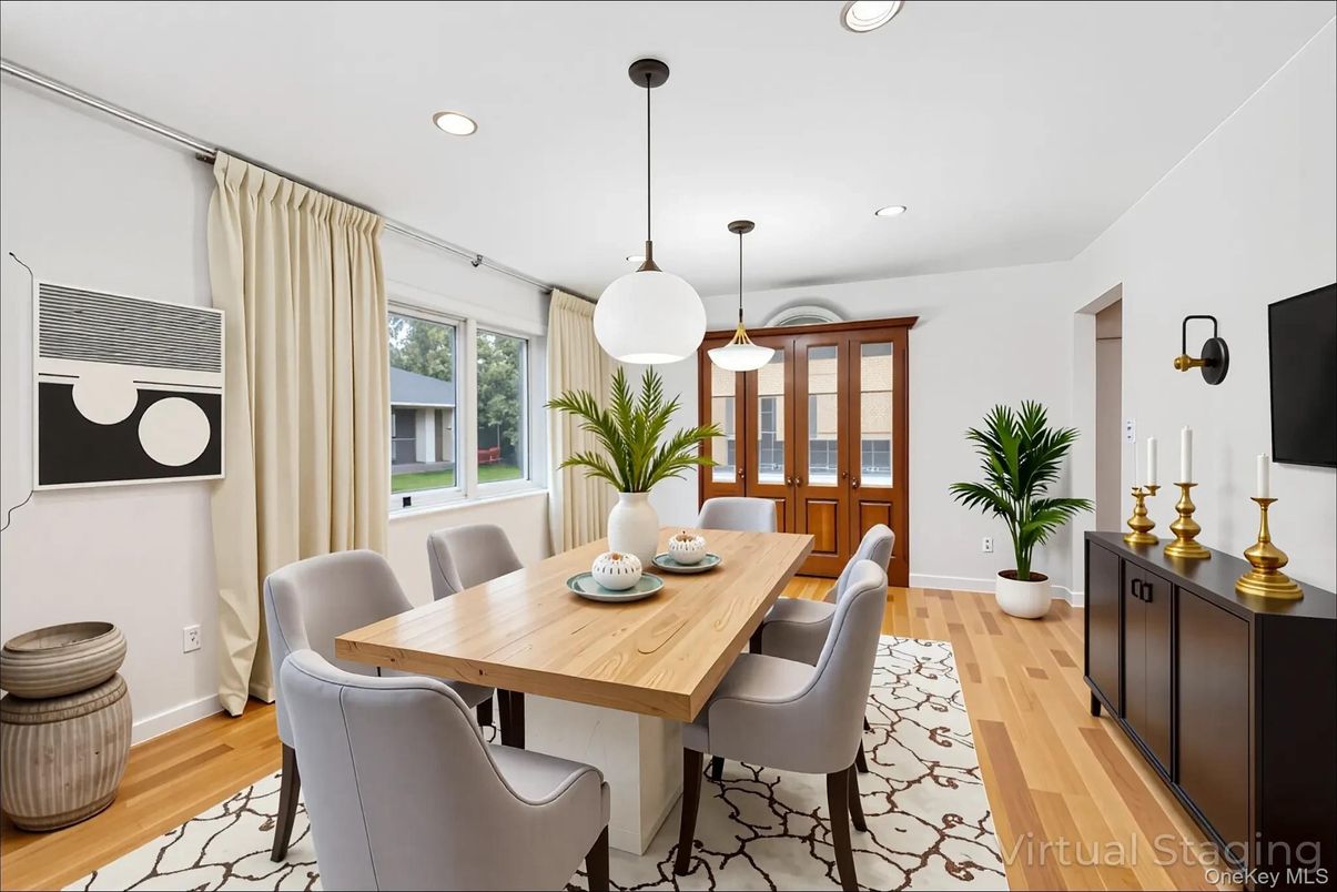 Dining room, Interior, Pendant Lights, Recessed Lighting, Wood Texture Flooring