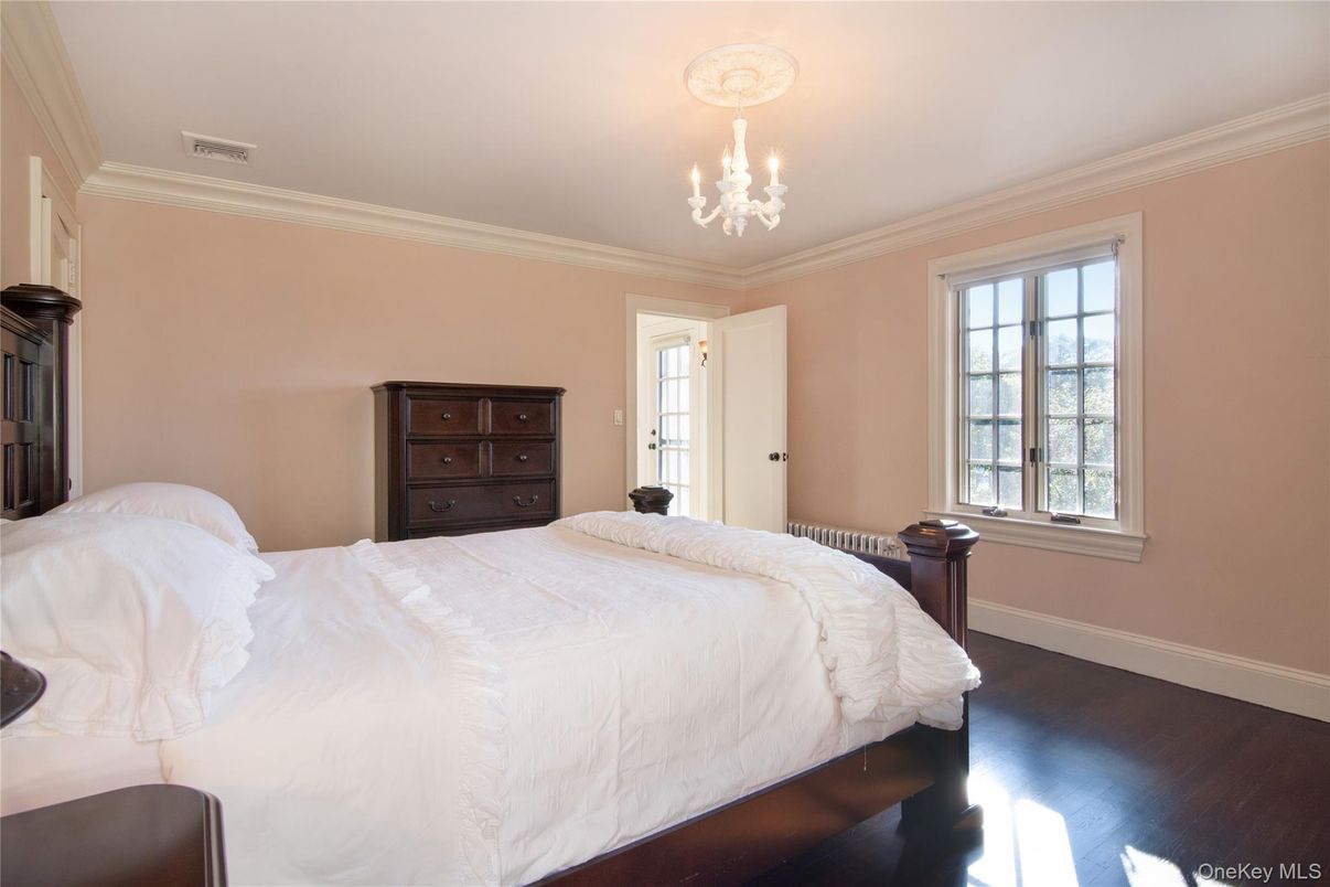 Bedroom, Chandelier, Interior, Wood Texture Flooring