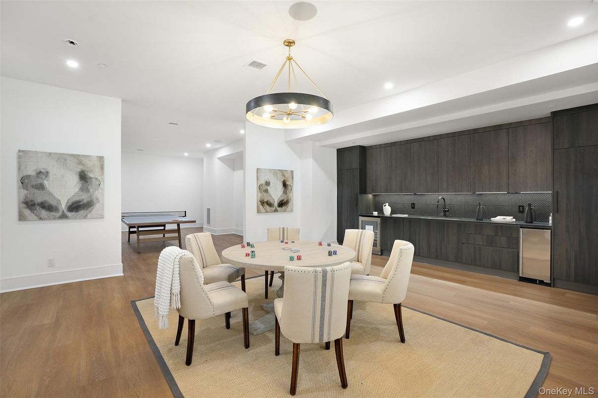 Billiard Table, Dining room, Game Room, Interior, Pendant Lights, Recessed Lighting, Wood Texture Flooring