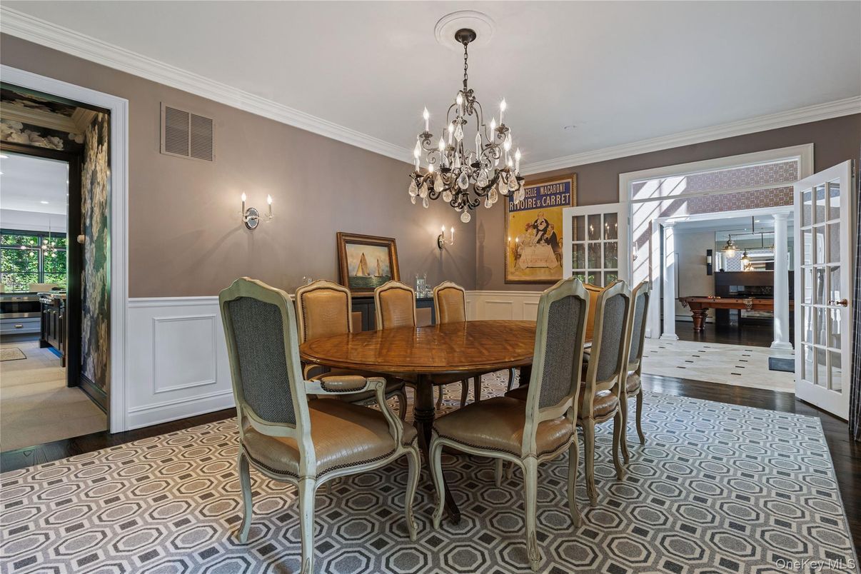 Chandelier, Dining room, Interior, Wood Texture Flooring