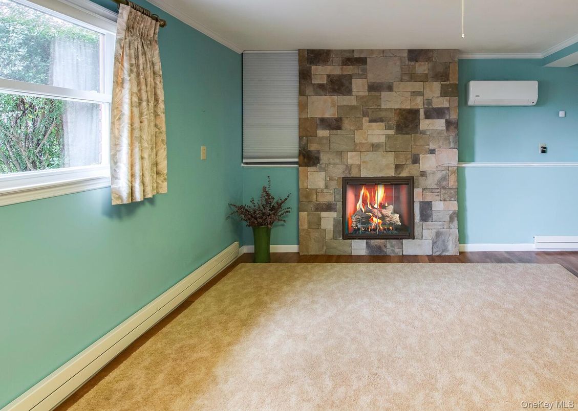 Empty room, Fireplace, Interior, Stone Walls, Wood Texture Flooring