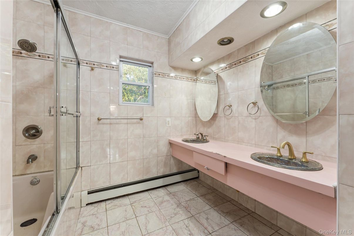 Bathroom, Dual Sink Vanities, Glass Shower, Interior, Marble, Recessed Lighting