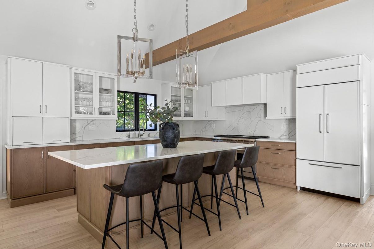 Interior, Kitchen, Marble Walls, Pendant Lights, Wooden Beams, Wood Texture Flooring