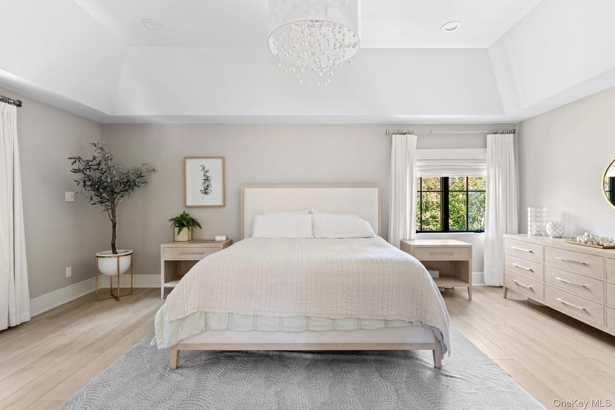 Bedroom, Chandelier, Interior, Recessed Lighting, Wood Texture Flooring