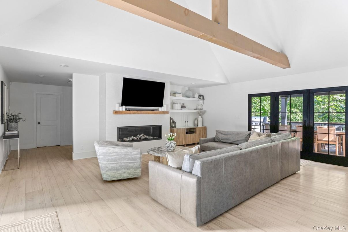 Fireplace, Interior, Living room, Recessed Lighting, Wooden Beams, Wood Texture Flooring