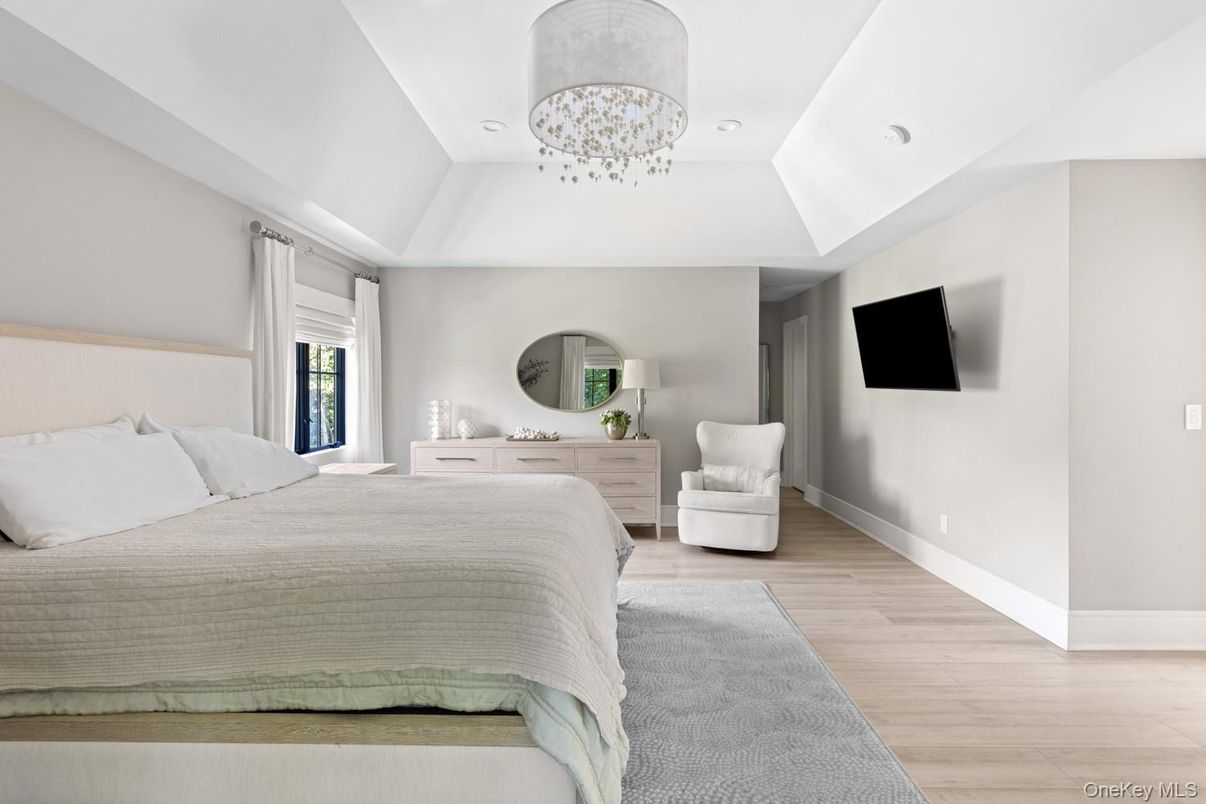 Bedroom, Chandelier, Interior, Recessed Lighting, Wood Texture Flooring