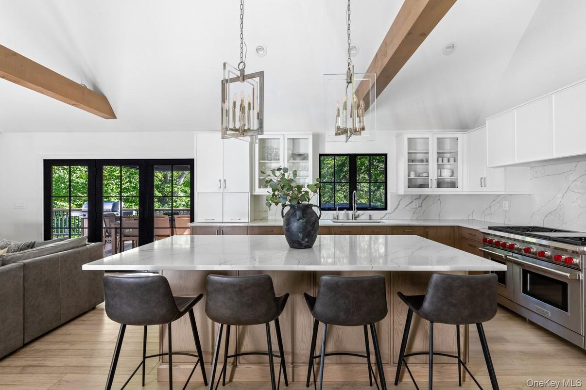 Interior, Kitchen, Marble Walls, Pendant Lights, Stainless Steel Appliances, Wooden Beams, Wood Texture Flooring