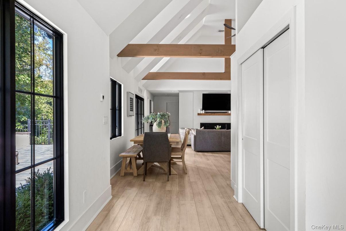 Dining room, Fireplace, Interior, Living room, Wooden Beams, Wood Texture Flooring