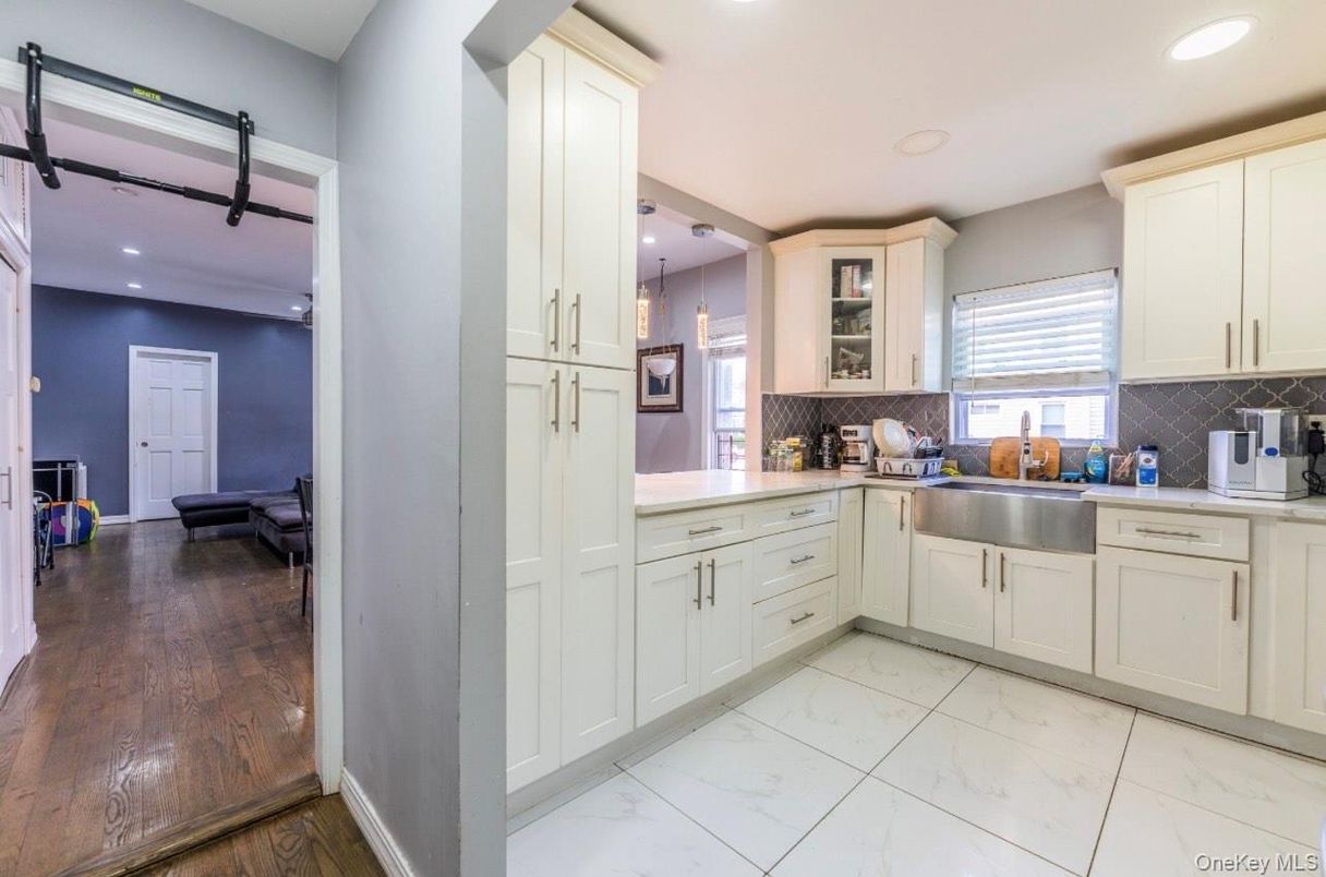 Interior, Kitchen, Marble, Recessed Lighting, Wood Texture Flooring