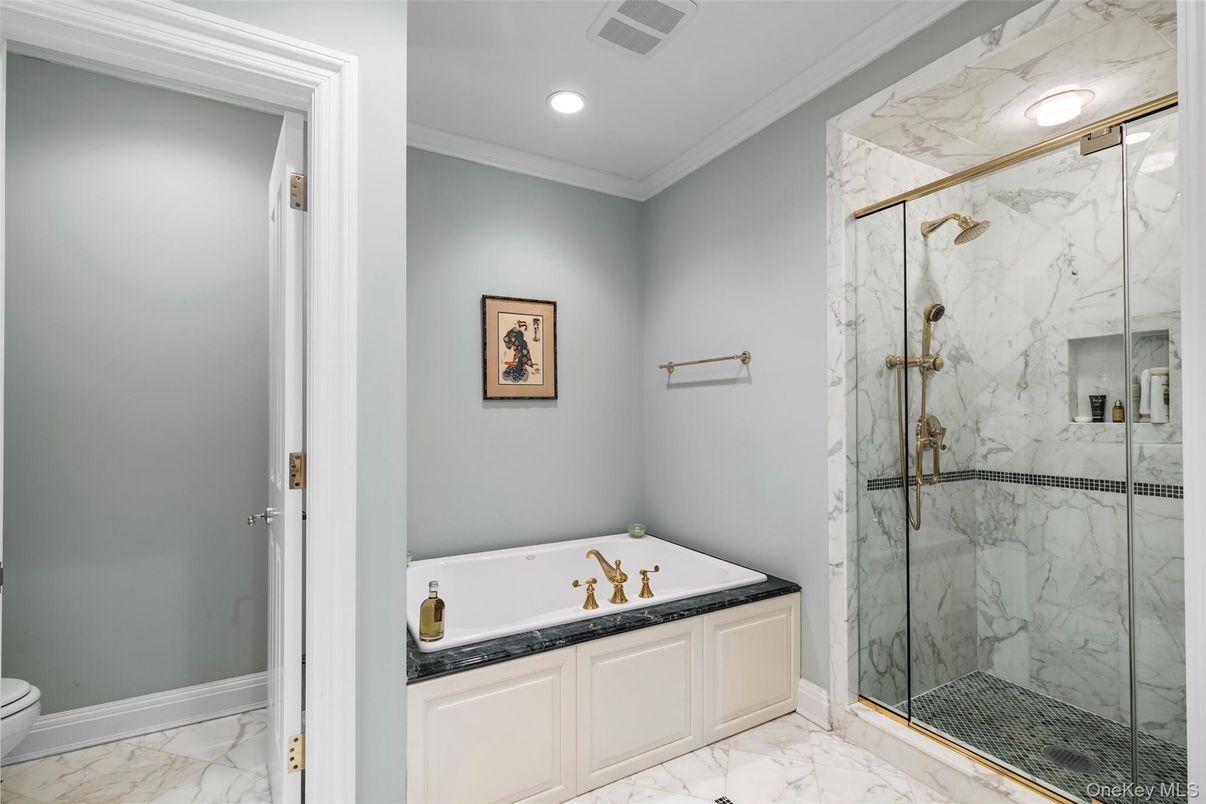 Bathroom, Glass Shower, Interior, Marble, Marble Walls, Recessed Lighting