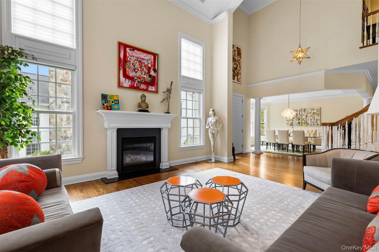 Chandelier, Dining room, Fireplace, Interior, Living room, Pendant Lights, Wood Texture Flooring