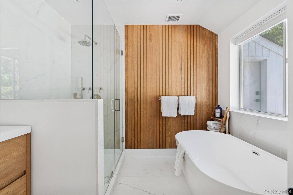 Bathroom, Free Standing Baths, Glass Shower, Interior, Marble, Marble Walls, Wooden Walls