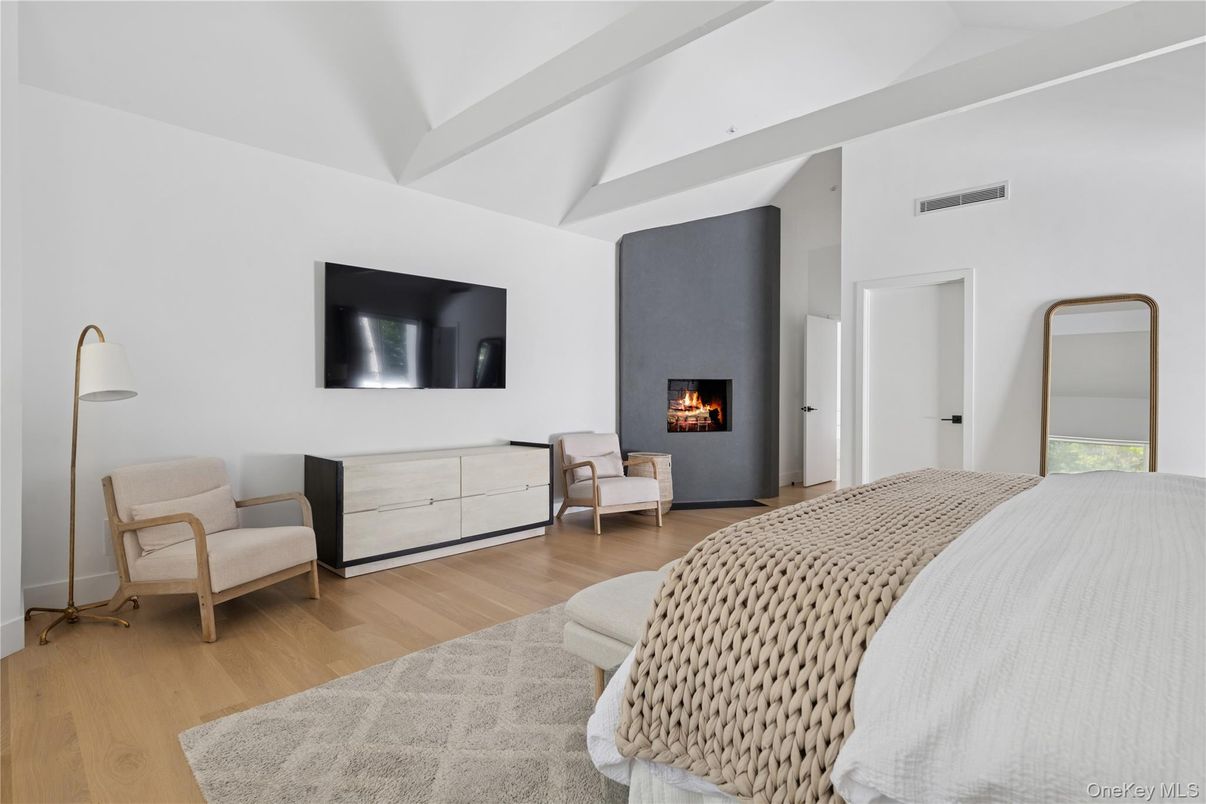 Bedroom, Fireplace, Interior, Wood Texture Flooring