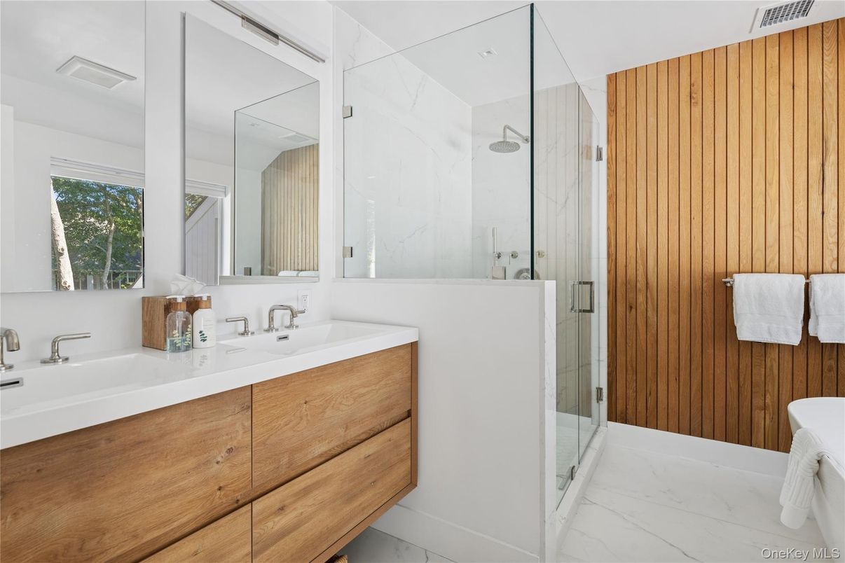 Bathroom, Glass Shower, Interior, Marble, Wooden Walls