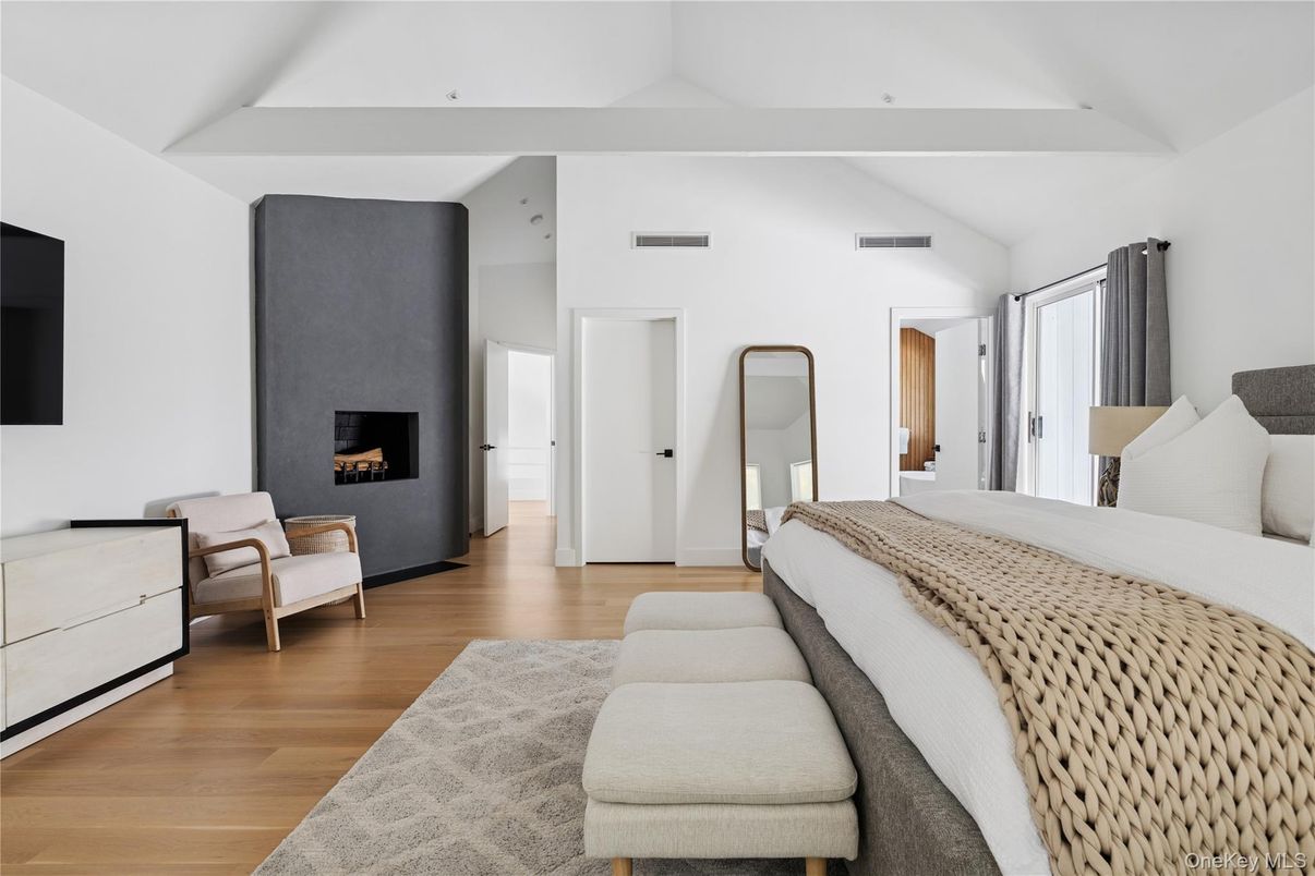 Bedroom, Fireplace, Interior, Wood Texture Flooring