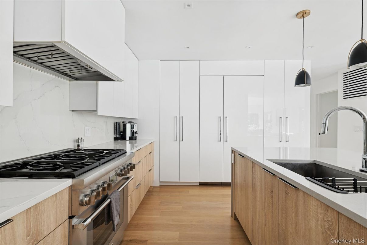 Interior, Kitchen, Marble Walls, Pendant Lights, Stainless Steel Appliances, Wood Texture Flooring
