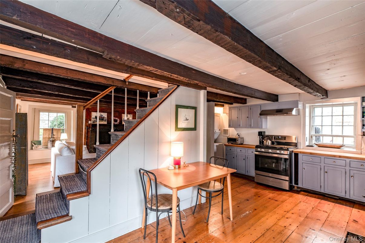 Interior, Kitchen, Stainless Steel Appliances, Wooden Beams, Wood Texture Flooring