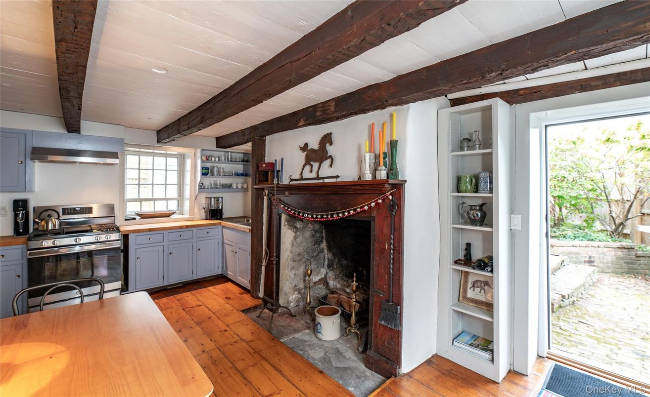 Fireplace, Interior, Kitchen, Recessed Lighting, Stainless Steel Appliances, Wooden Beams, Wood Texture Flooring