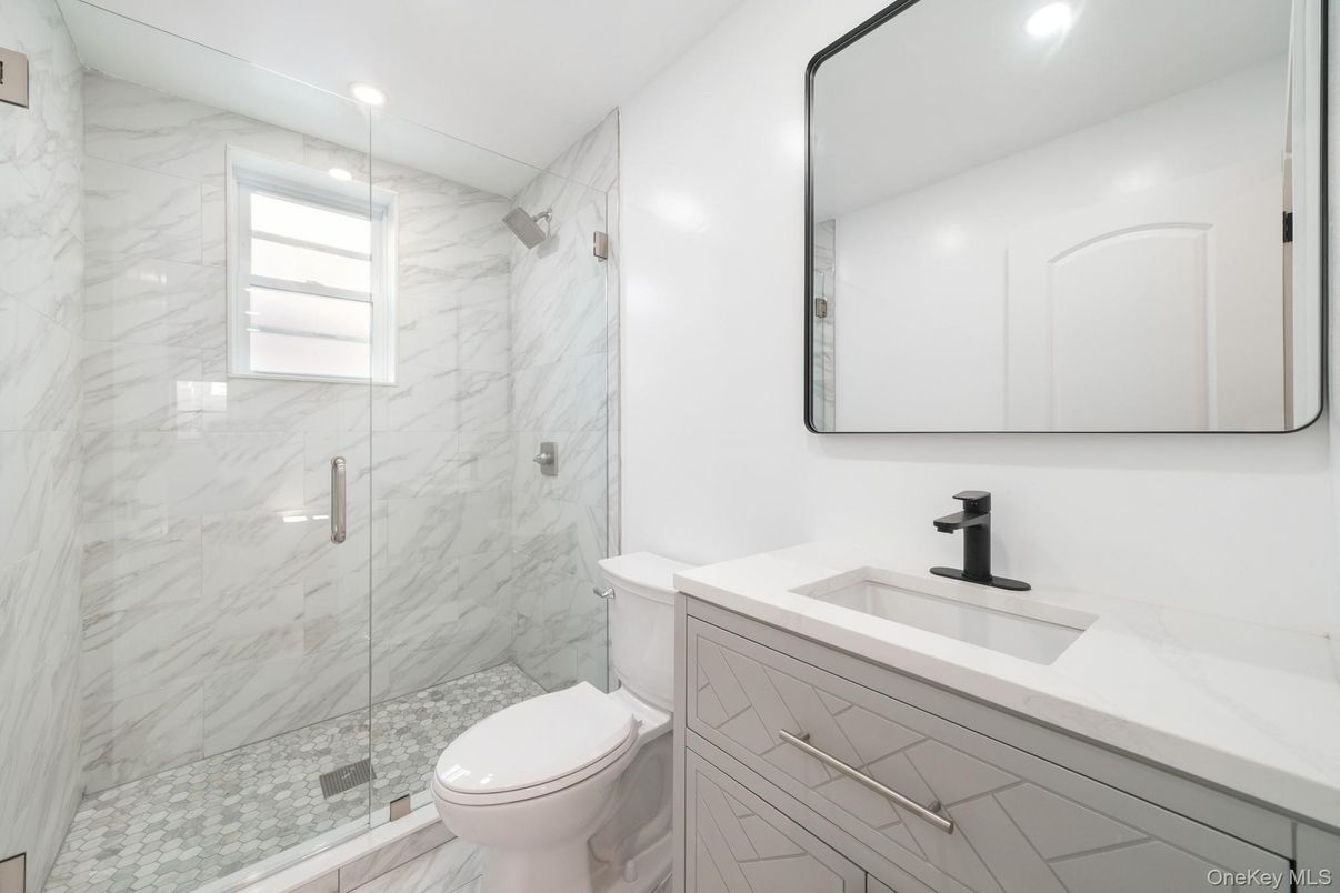 Bathroom, Glass Shower, Interior, Marble Walls, Recessed Lighting