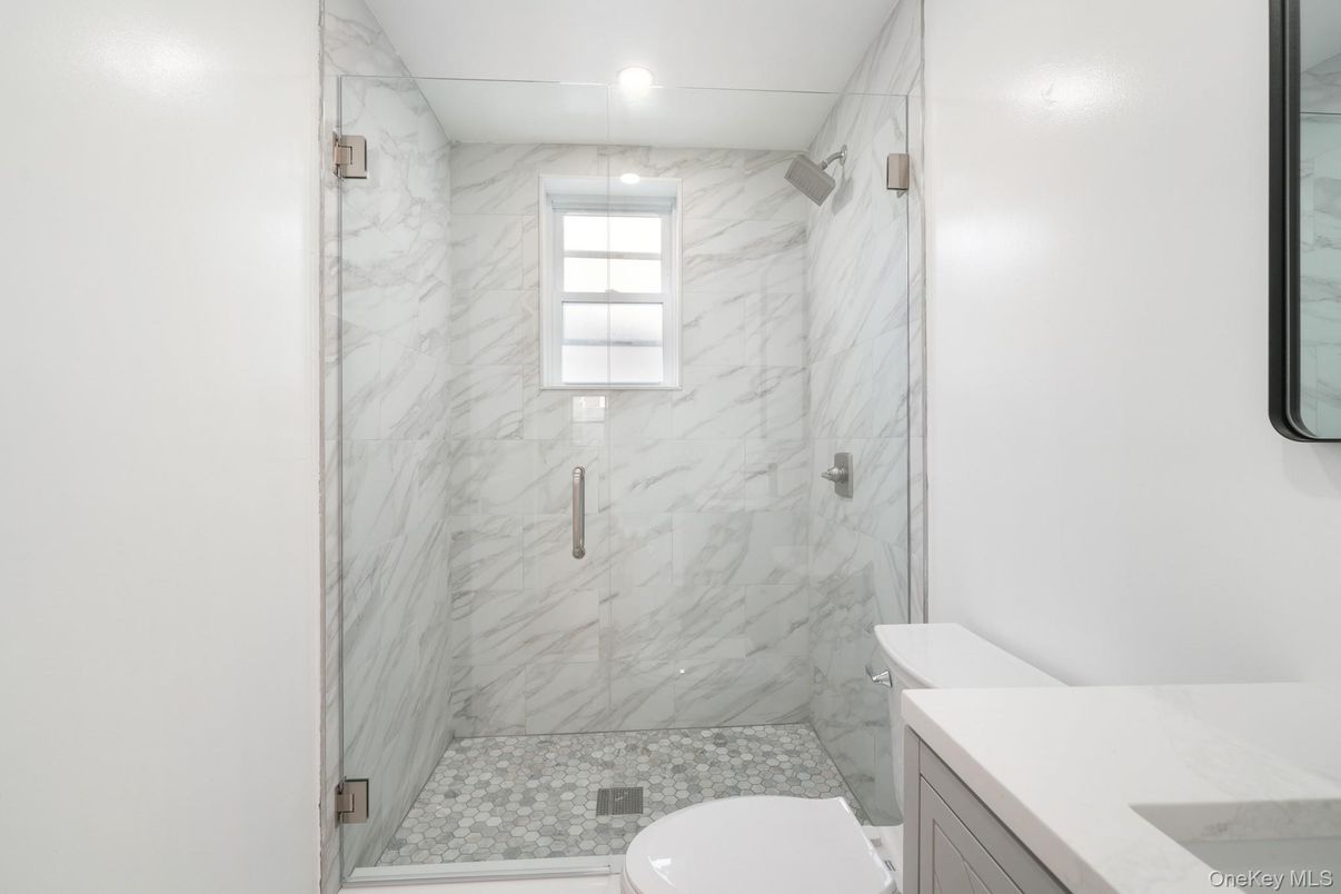 Bathroom, Glass Shower, Interior, Marble Walls, Recessed Lighting