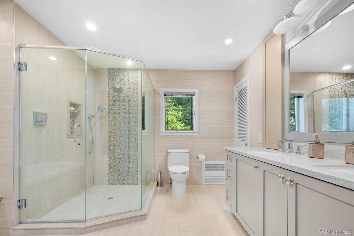 Bathroom, Glass Shower, Interior, Recessed Lighting, Wood Texture Flooring
