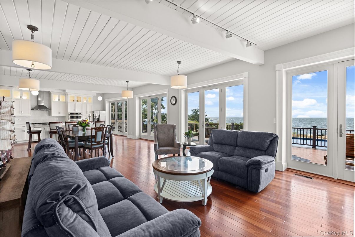 Dining room, Interior, Kitchen, Living room, Pendant Lights, Water, Wood Texture Flooring