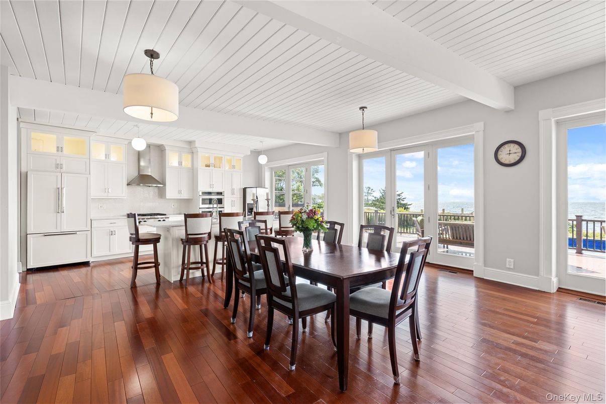Dining room, Interior, Kitchen, Pendant Lights, Water, Wood Texture Flooring