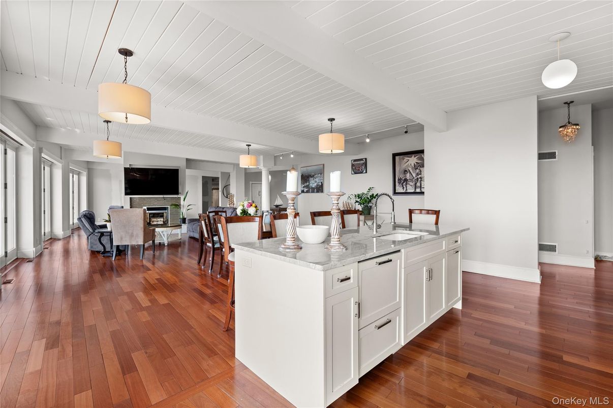 Dining room, Fireplace, Interior, Living room, Pendant Lights, Wood Texture Flooring