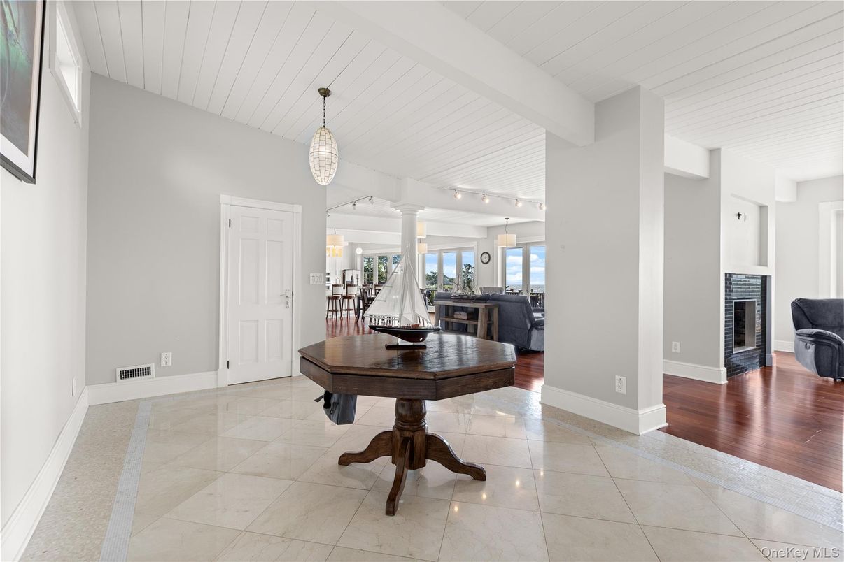 Fireplace, Interior, Living room, Pendant Lights, Wood Texture Flooring