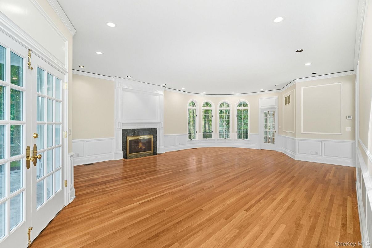 Empty room, Fireplace, Interior, Recessed Lighting, Wood Texture Flooring