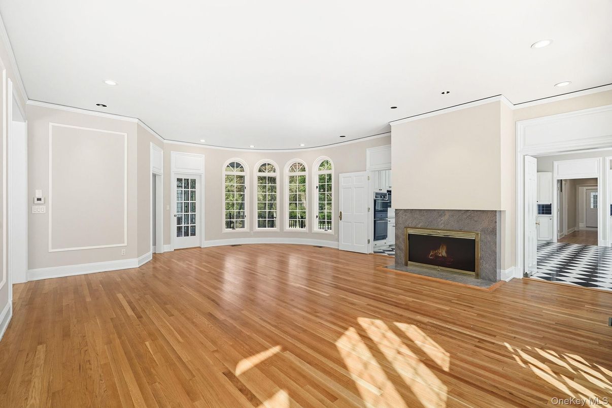 Empty room, Fireplace, Interior, Recessed Lighting, Wood Texture Flooring