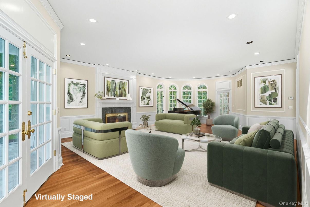 Fireplace, Interior, Living room, Piano, Recessed Lighting, Wood Texture Flooring