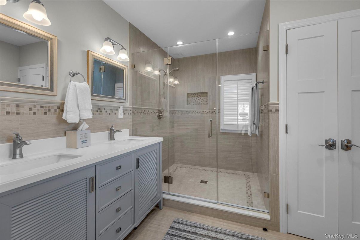 Bathroom, Dual Sink Vanities, Glass Shower, Interior, Recessed Lighting