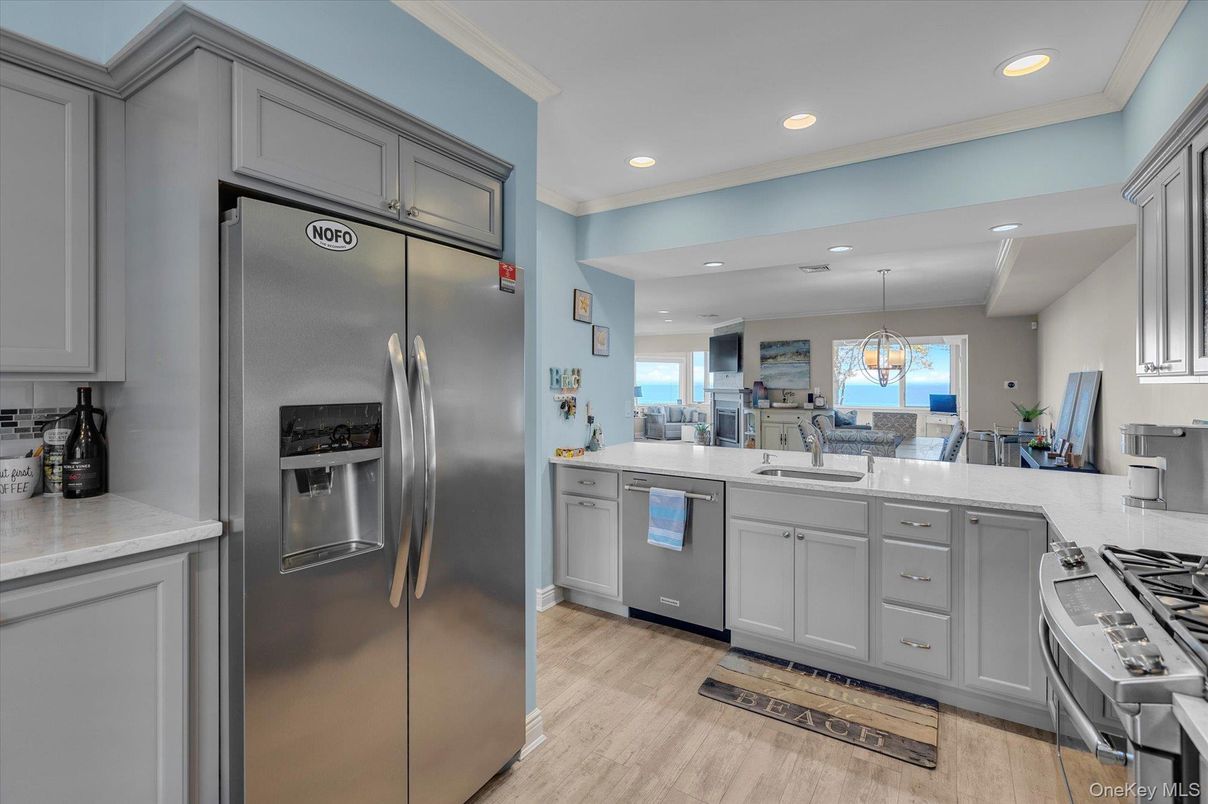 Interior, Kitchen, Pendant Lights, Recessed Lighting, Stainless Steel Appliances, Water, Wood Texture Flooring
