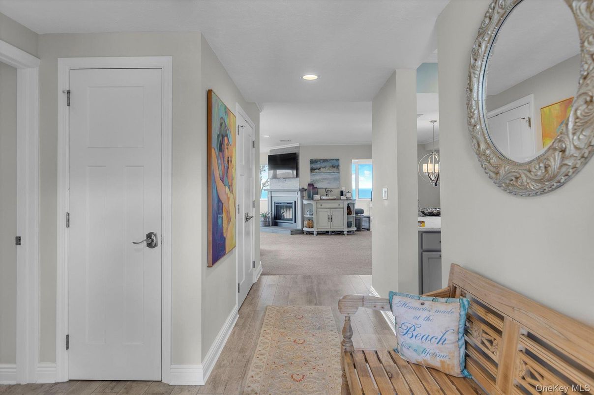 Fireplace, Interior, Pendant Lights, Recessed Lighting, Wood Texture Flooring