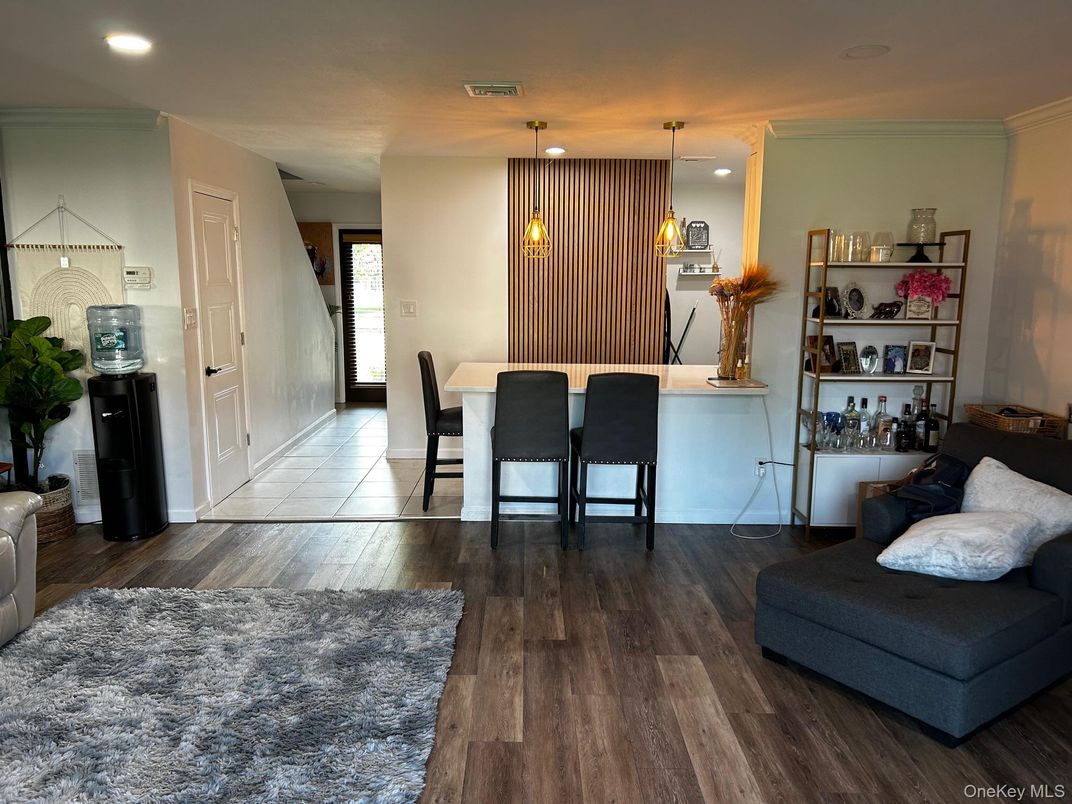 Dining room, Interior, Pendant Lights, Recessed Lighting, Wood Texture Flooring