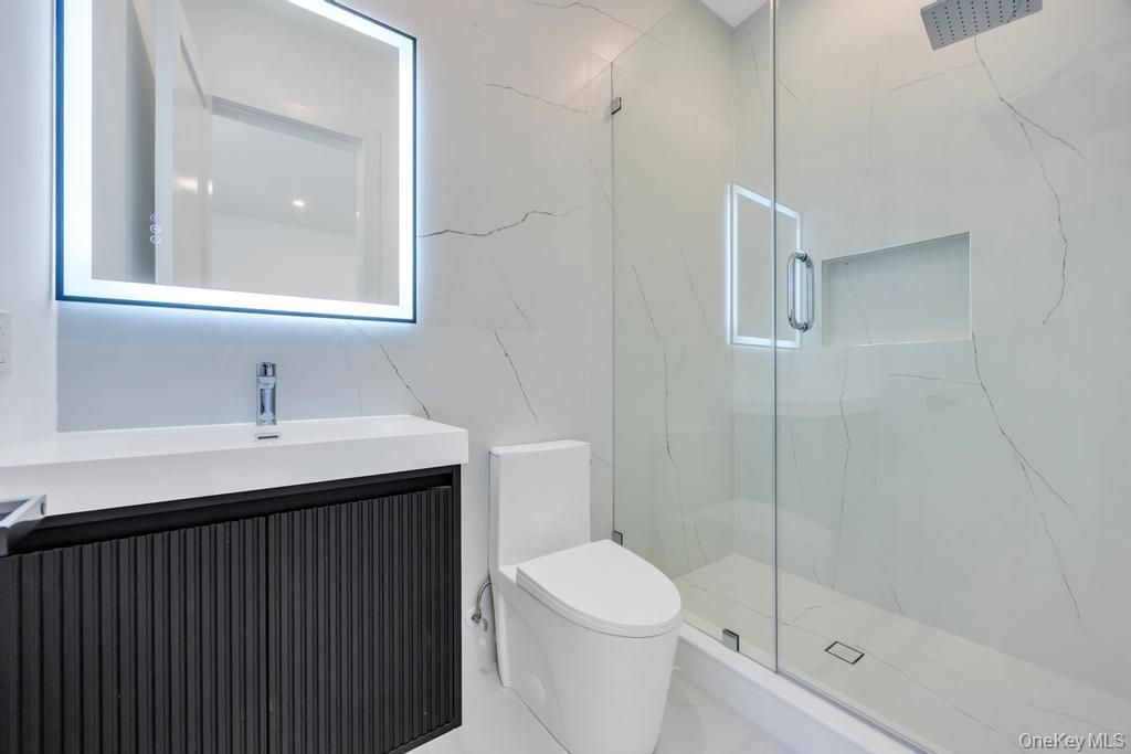 Bathroom, Glass Shower, Interior, Marble Walls, Recessed Lighting