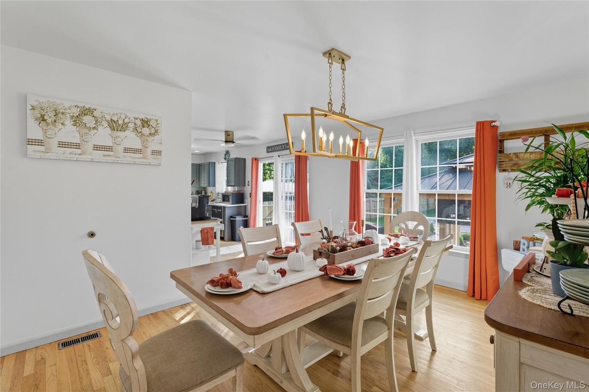 Dining room, Interior, Pendant Lights, Wood Texture Flooring