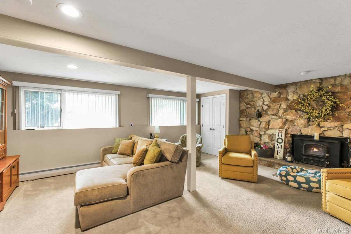 Fireplace, Interior, Living room, Recessed Lighting, Stone Walls