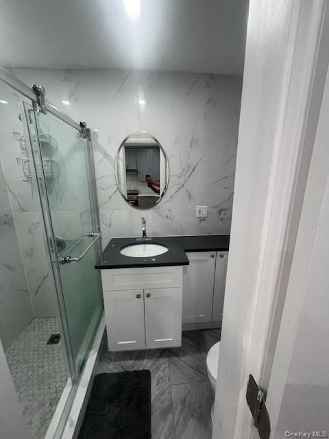 Bathroom, Dual Sink Vanities, Glass Shower, Interior, Marble, Marble Walls
