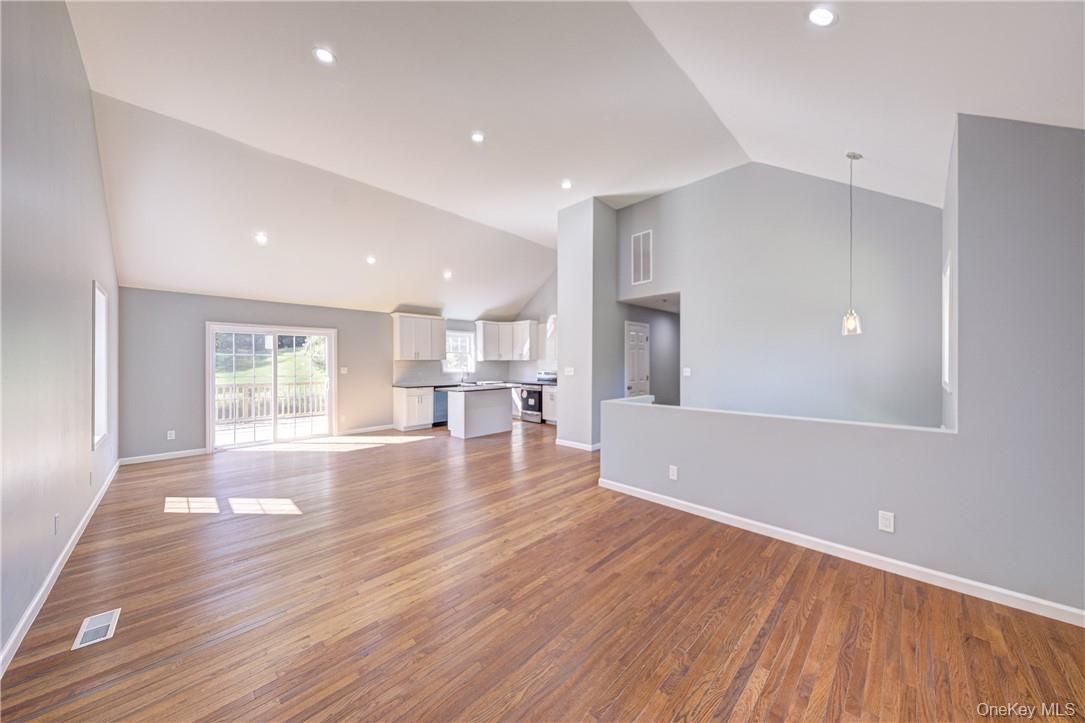 Empty room, Interior, Kitchen, Pendant Lights, Recessed Lighting, Wood Texture Flooring