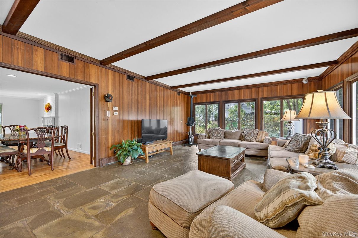 Dining room, Interior, Living room, Recessed Lighting, Wooden Beams, Wood Texture Flooring, Wooden Walls