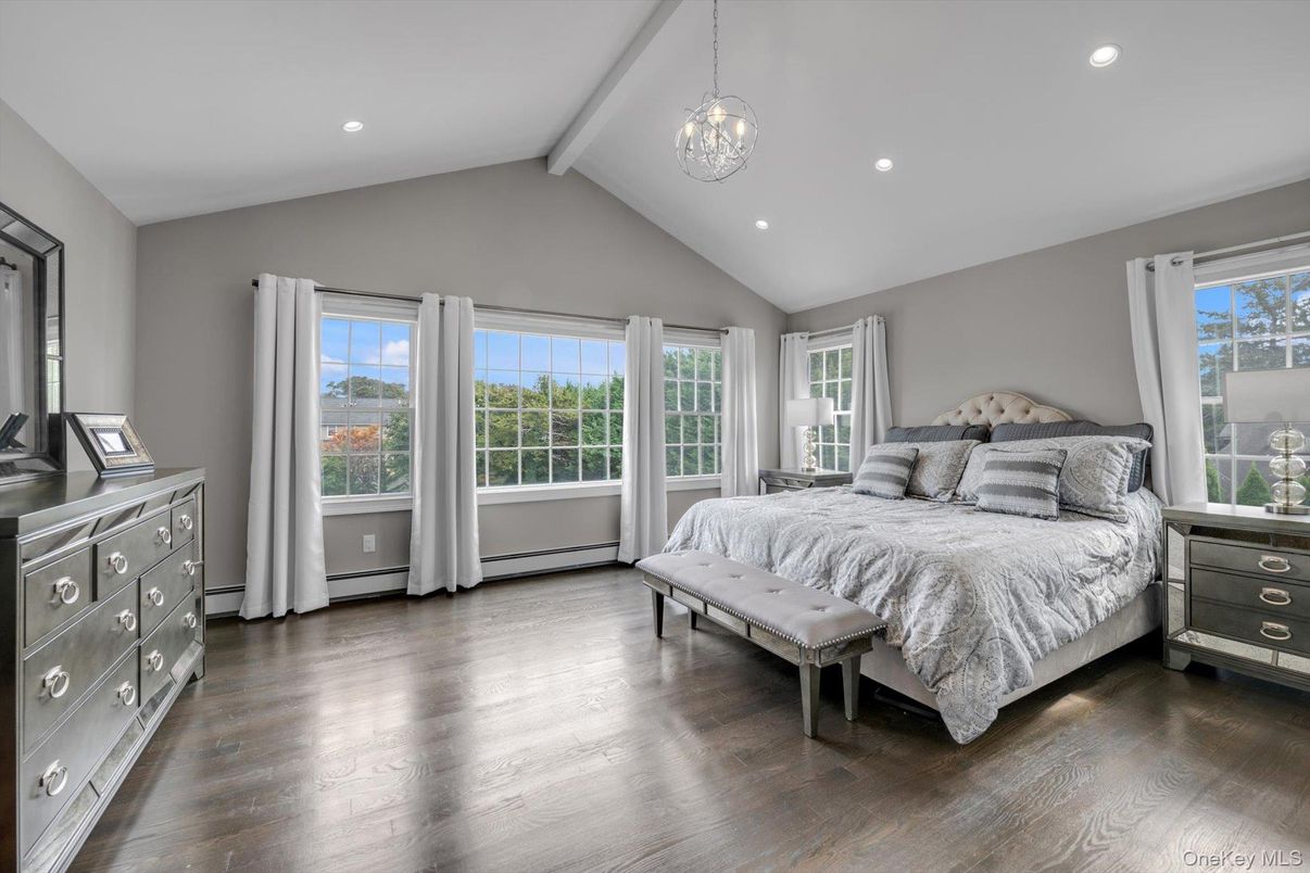 Bedroom, Interior, Pendant Lights, Recessed Lighting, Wood Texture Flooring