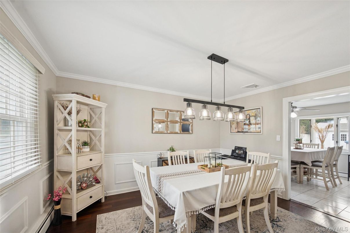 Dining room, Interior, Pendant Lights, Wood Texture Flooring