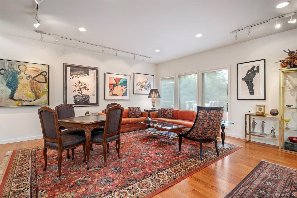 Dining room, Interior, Living room, Recessed Lighting, Wood Texture Flooring