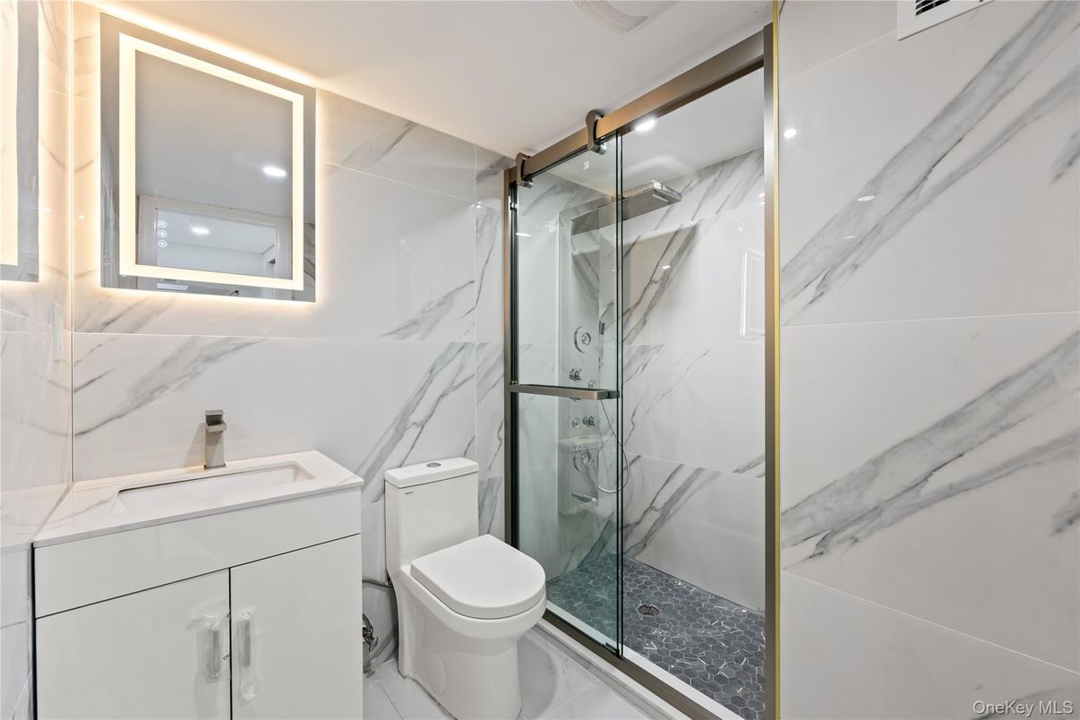 Bathroom, Glass Shower, Interior, Marble Walls, Recessed Lighting