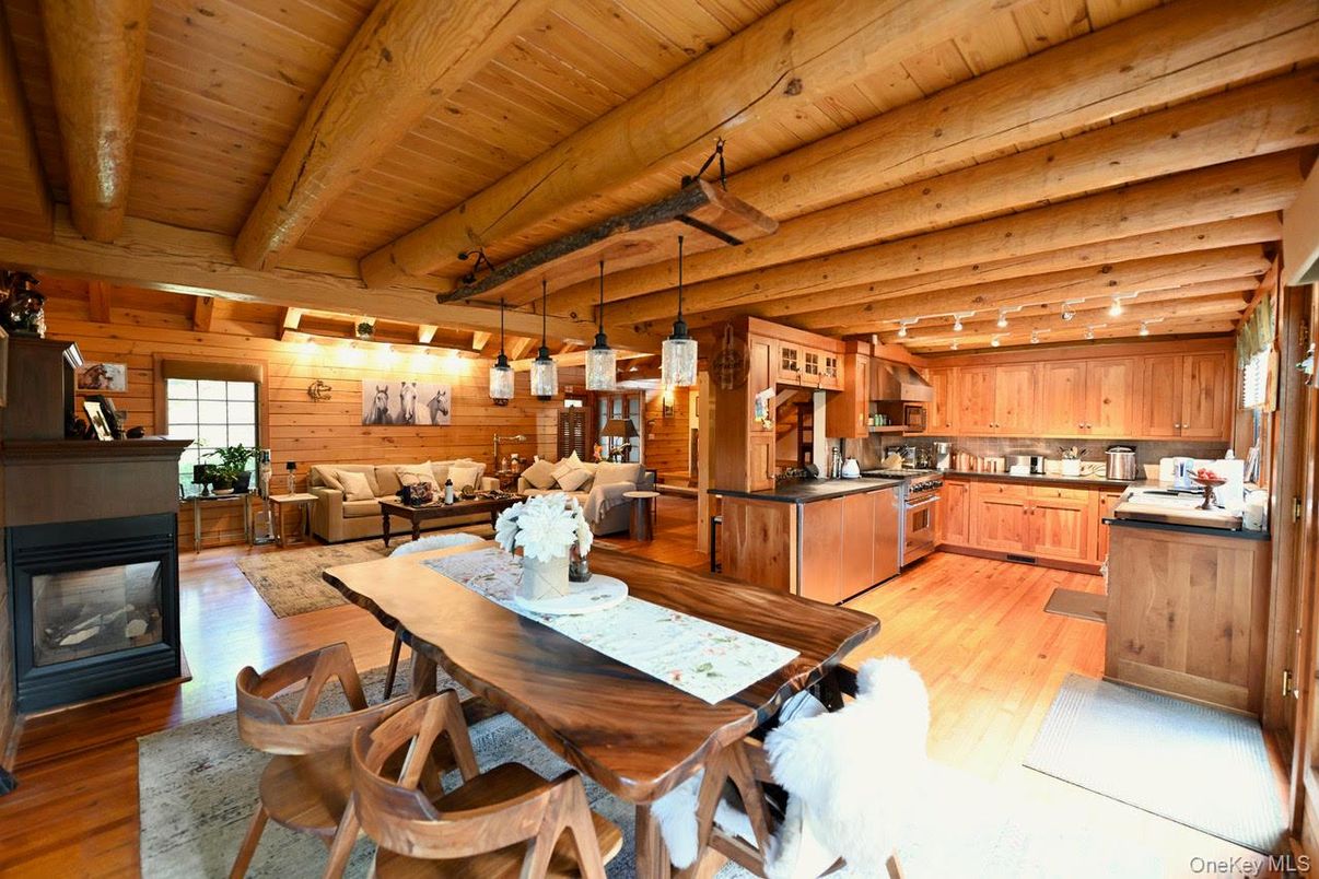 Dining room, Fireplace, Interior, Kitchen, Living room, Pendant Lights, Wooden Beams, Wooden Ceilings, Wood Texture Flooring, Wooden Walls